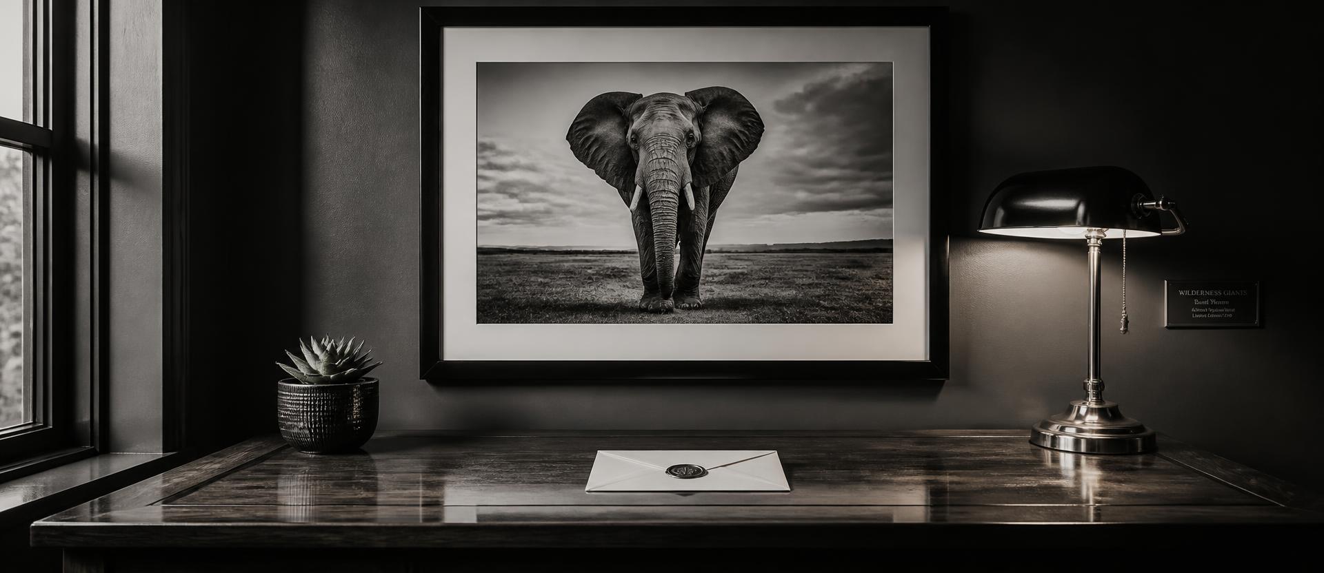 A polished desk with a framed black-and-white elephant print, a sealed envelope and a brass lamp