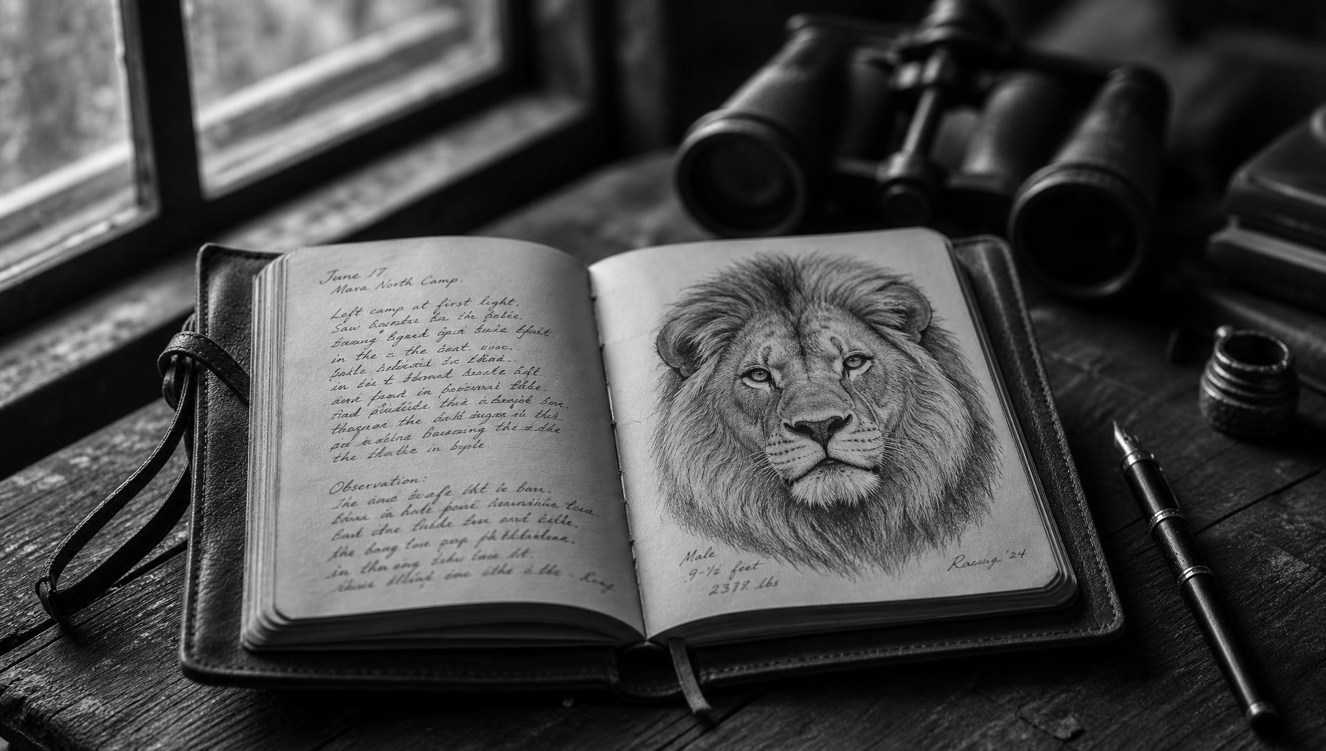 Open field journal with a pencil drawing of a lion and handwritten notes beside binoculars